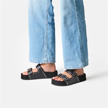 Paul Green 2 Strap Studded Mule Sandal - Black Leather